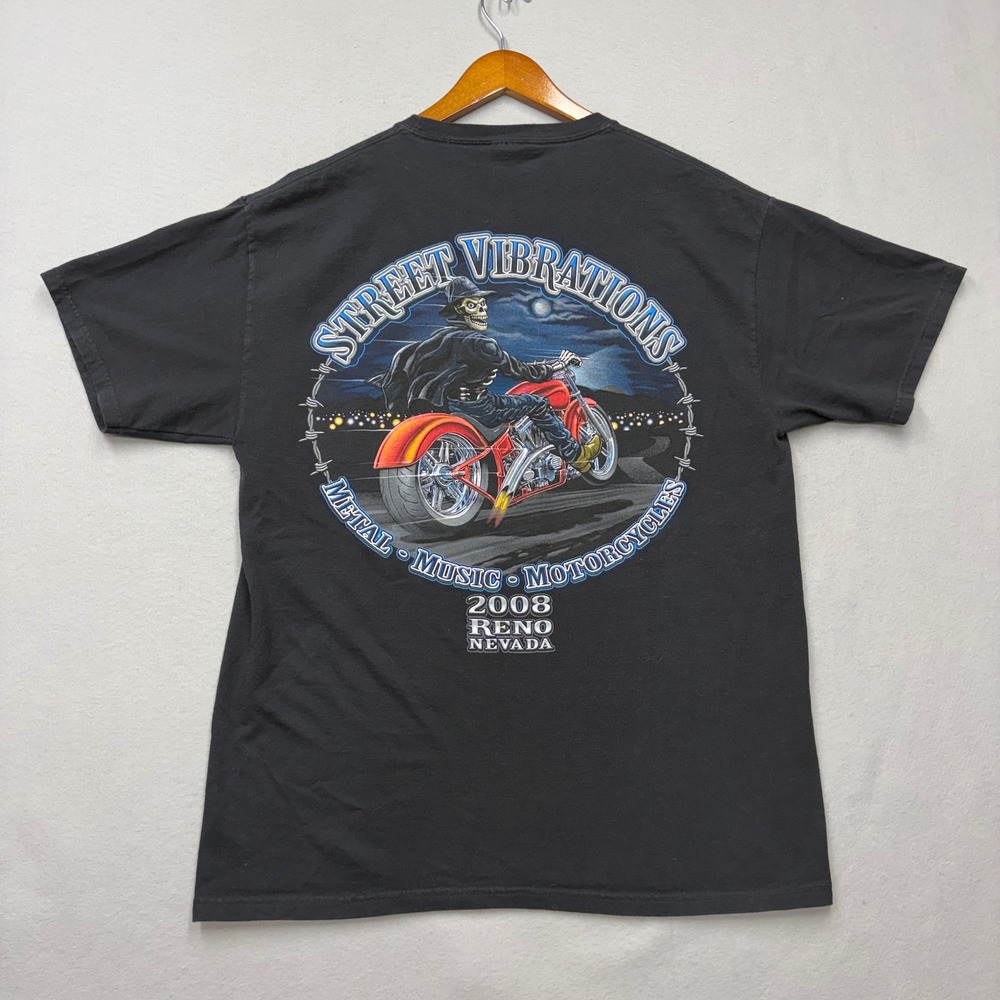 Hanes T-Shirt Mens Large Black Street Vibrations 2008 Reno Biker Graphic Tee